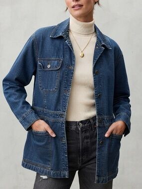 Vintage 90s Y2K Longline Denim Jacket - Medium Wash Button-Down Utility Shacket